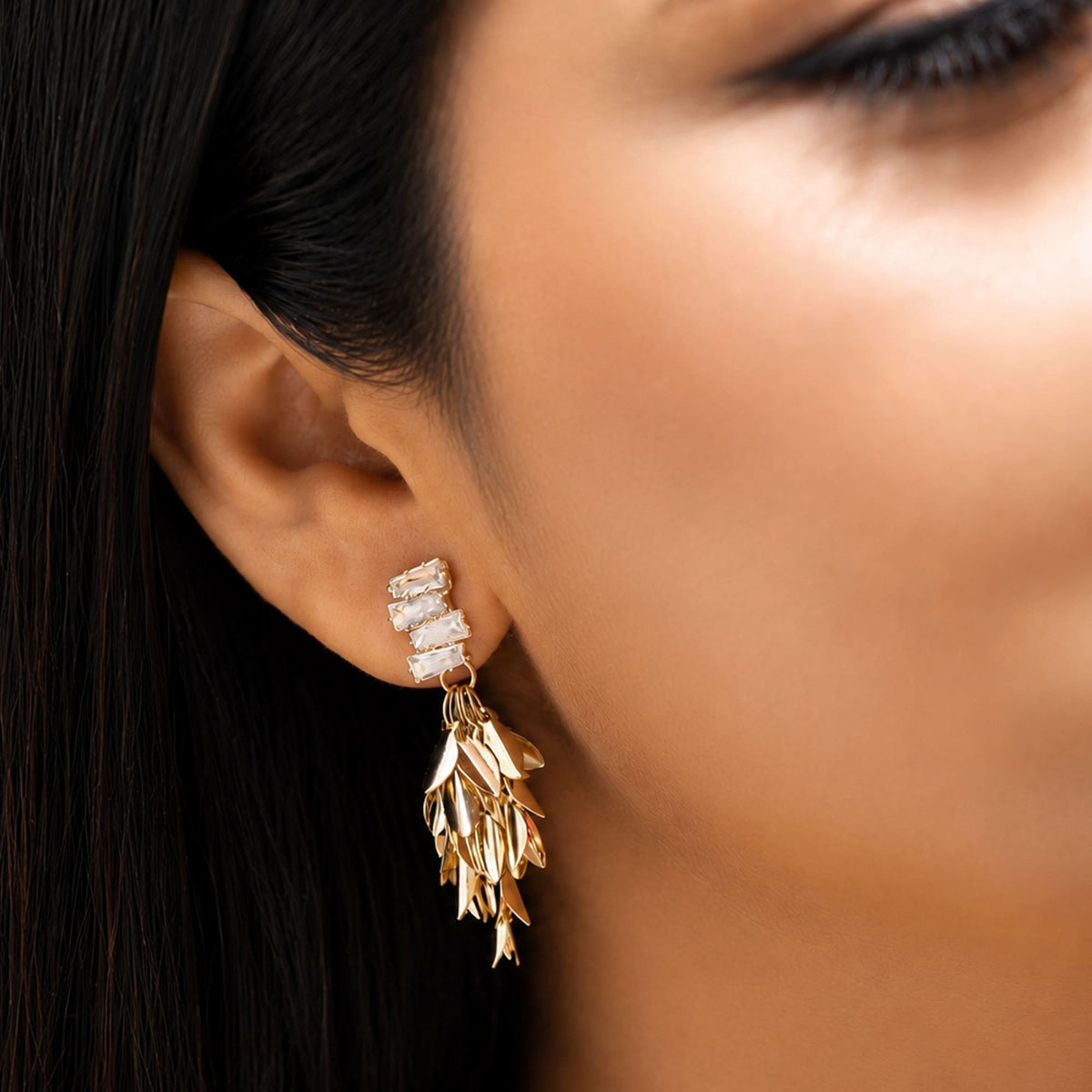 Crystal Golden Leaf Cascade Earrings - Zevaraat