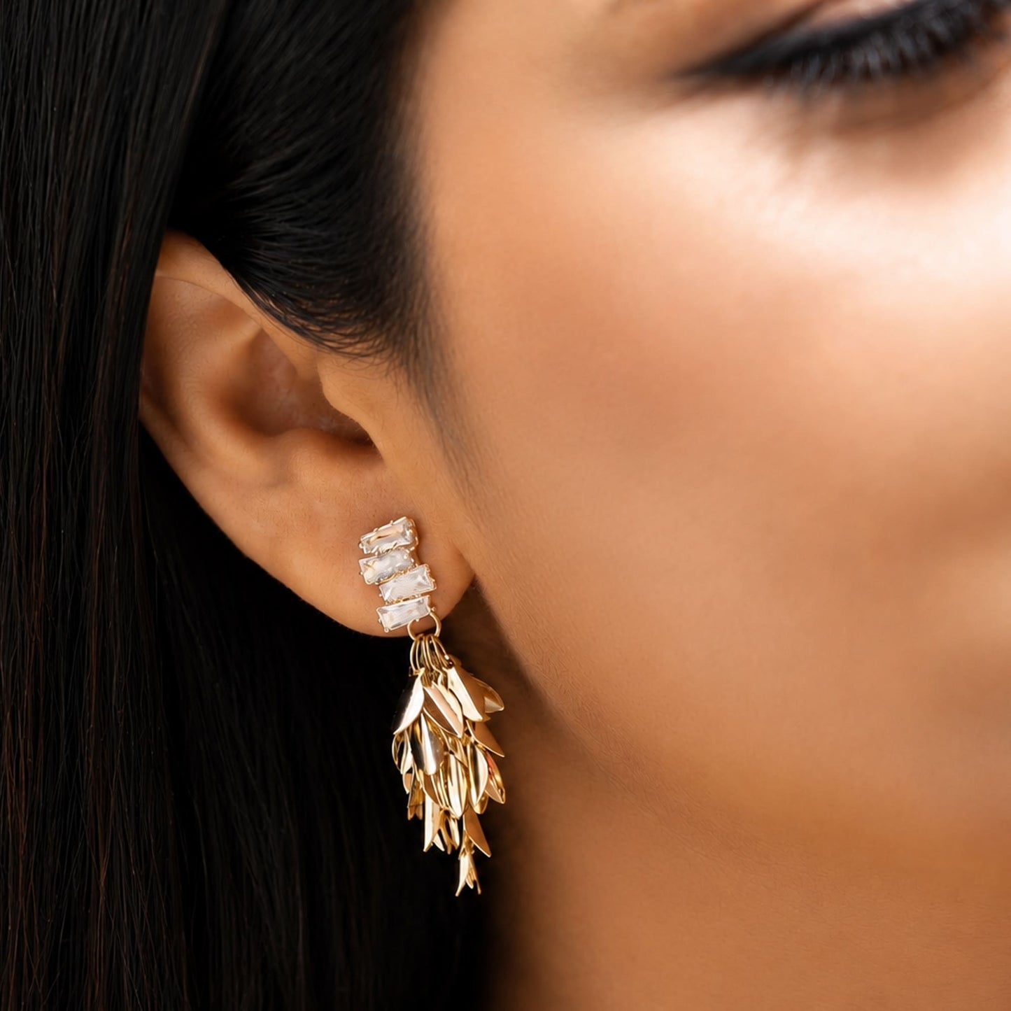 Crystal Golden Leaf Cascade Earrings - Zevaraat