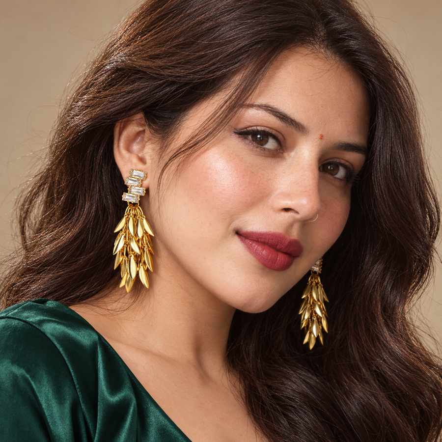 Crystal Golden Leaf Cascade Earrings