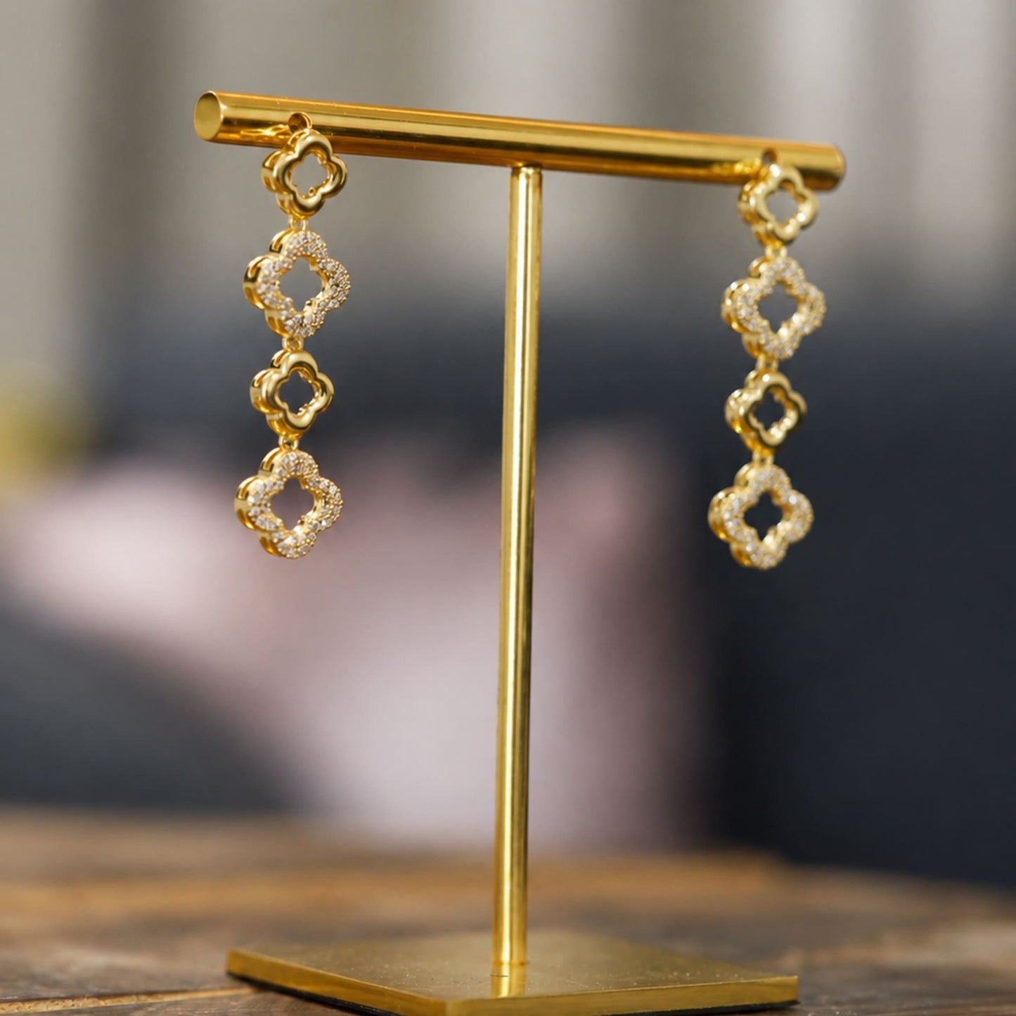 Golden Clover Crystal Drop Earrings - Zevaraat