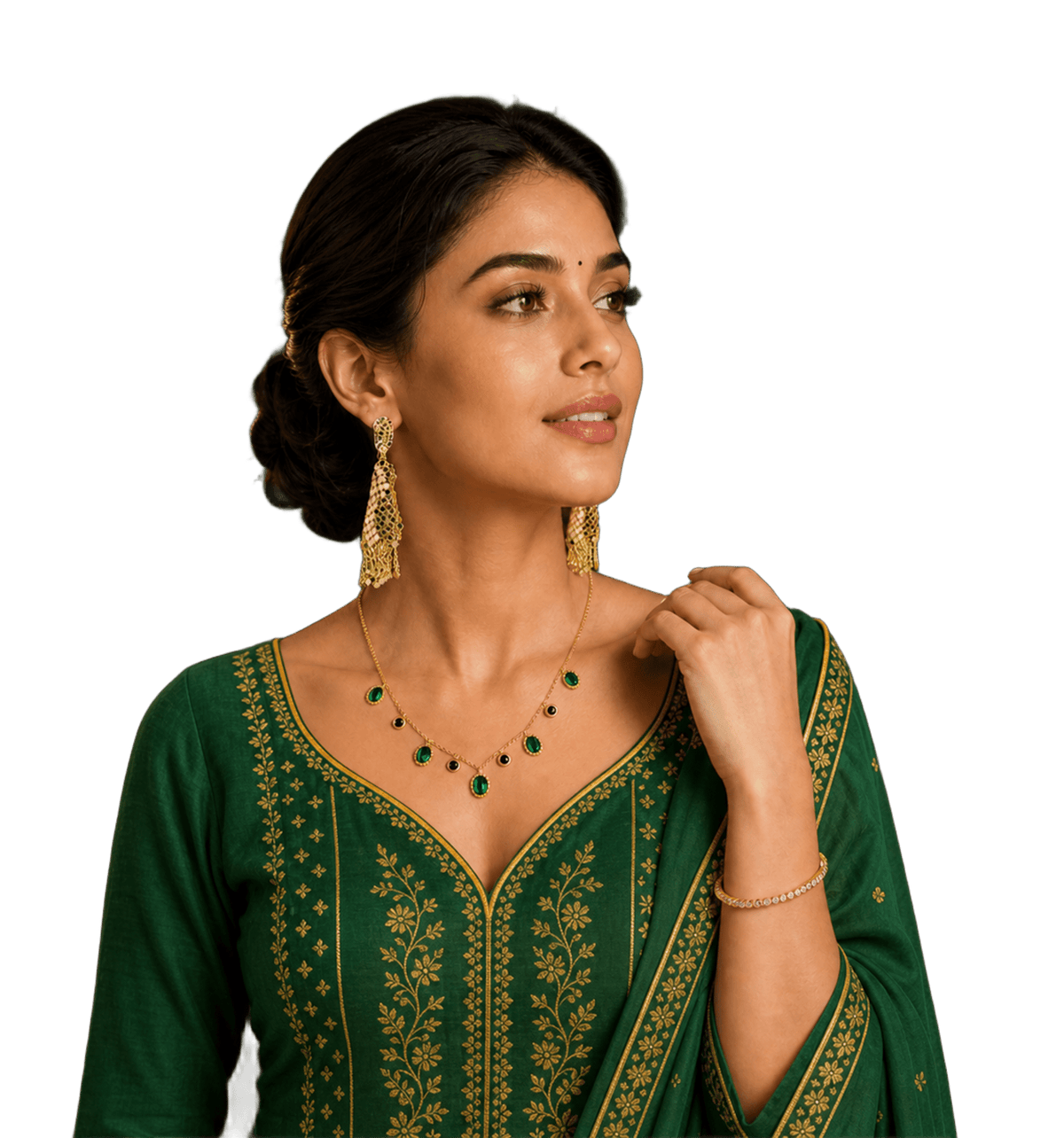 A woman wearing a dark green traditional outfit with gold embroidery, styled with Zevaraat jewelry.